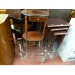 Parcel of oval three tier glass coffee table, polished whatnot and a nest of three tables