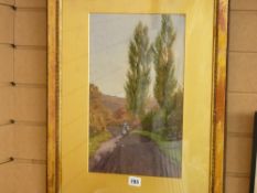 WILL CREBBIN watercolour - lady and child carrying basket on tree lined lane, Conwy Valley, 40 x