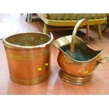 Brass coal scuttle and circular log bucket