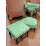 Small possibly nursing chair with stickback and matching upholstered footstool
