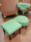 Small possibly nursing chair with stickback and matching upholstered footstool