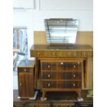 Three piece bedroom suite of dressing table (A/F), three drawer chest and bedside cabinet
