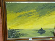 BRIAR REED oil on canvas - gent in rowing boat at sunset, 42 x 58 cms