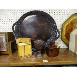 Oriental items - a lacquered tray, two tea caddies and a bronze vase