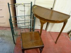 Small rack on castors, polished wood half moon hall table and a small square occasional table