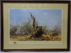 DAVID SHEPHERD OBE framed limited edition (242/1300) print - titled 'Rhino Beware', signed in