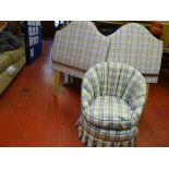 Bedroom tub chair in checked upholstery and two small headboards, approx 92 cms each