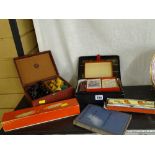 Vintage set of dominoes, chess pieces and playing cards, an Ecolux boxed mouth organ and a Chod