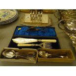 Cased fish serving set, other items of flatware, old candle snuffer etc