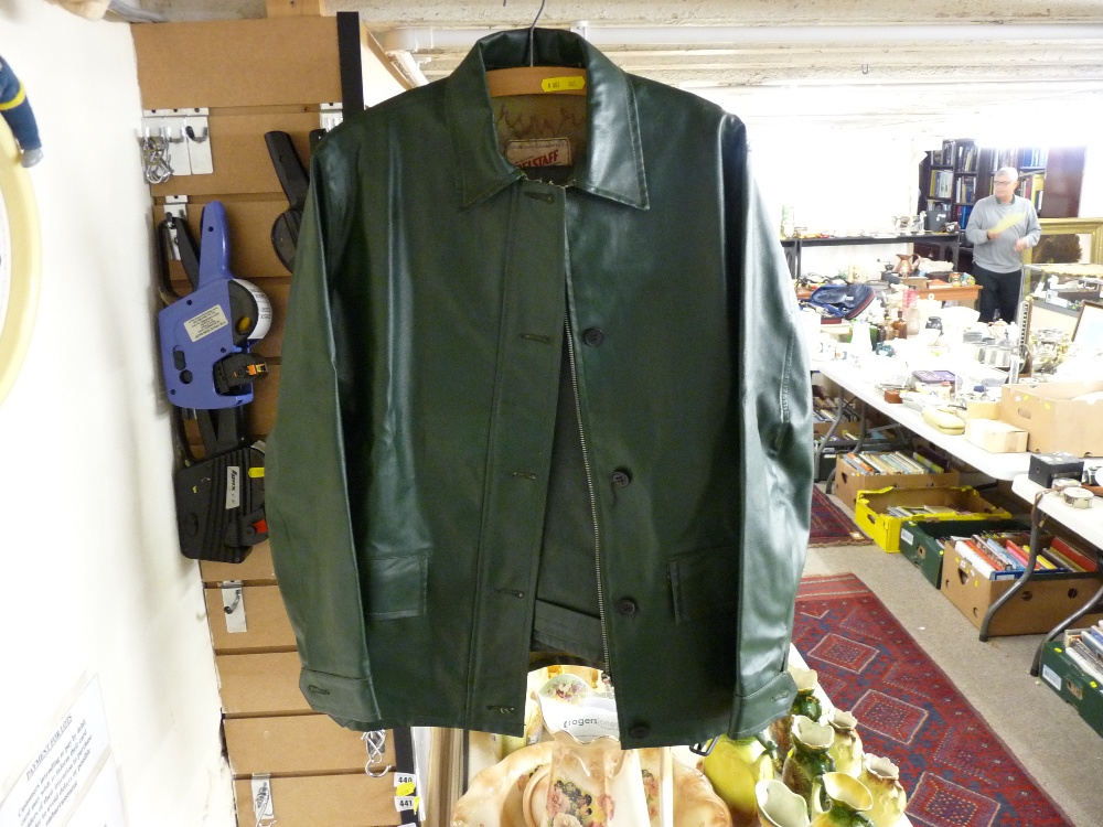 Green leather effect trouser and jacket ensemble