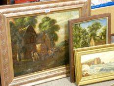 Three oil paintings - horse and cart, seascape and an old mill, various sizes
