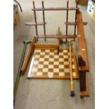 Parcel of treen - hanging racks, chess board, sticks etc