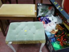 Upholstered top stool, one other and a vintage suitcase with Christmas decoration contents