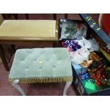 Upholstered top stool, one other and a vintage suitcase with Christmas decoration contents