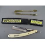 Bismarck Solingen German cut throat razor in original box and a set of EPNS sugar tongs