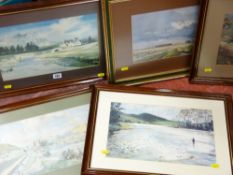 Parcel of various paintings and prints depicting castles, fishing scenes, mountainscapes etc