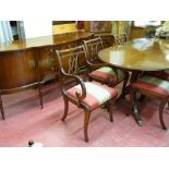 Polished wood dining room suite comprising table, six (four plus two) dining chairs, sideboard and