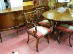 Polished wood dining room suite comprising table, six (four plus two) dining chairs, sideboard and
