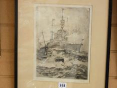 ROWLES framed etching - battleship at sea 30 x 21 cms