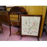 Polished wood corner washstand and a polished wood firescreen with embroidered panel
