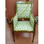 Mahogany inlaid armchair with floral upholstery