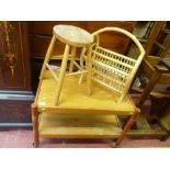 Pine two tier trolley, small oval topped stool and a bamboo magazine rack