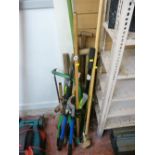 Parcel of long handled garden tools including shears, saws etc