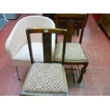 Pair of polished wood dining chairs with checked upholstered seats and a loom style chair