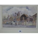 DAVID ROSE watercolour - street scene with horse and cart, titled verso to Wenlock Fine Art label '