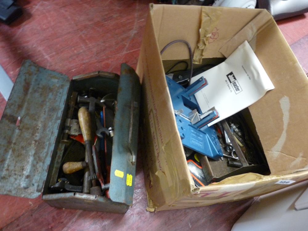 Metal cantilever toolbox and contents and a box containing Jointmaster sawing jig etc E/T