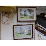 JEAN PULLING mixed media, a pair - golfing scenes, 32 x 48 cms