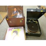 Wind-up picnic gramophone by Columbia, retro case of LP records and a loose parcel of LP records