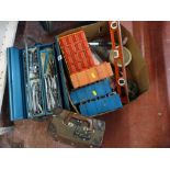 Metal cantilever toolbox and contents, box of garage items and small fixings and a small lockable
