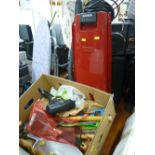 Red upright vacuum cleaner and a box of small hand tools E/T