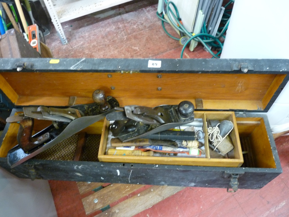 Wooden toolbox with quantity of woodworking planes and other hand tools etc