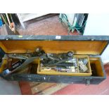Wooden toolbox with quantity of woodworking planes and other hand tools etc