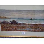 WILLIAM CARLAW watercolour - shoreline scene with horse, cart and seaweed gatherers, 24 x 49 cms