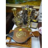 A parcel of metalware including pair of brass twist candlestick holders, set of goblets, pair of