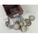 Small jewellery box containing assorted coinage including believed reproduction dollars, tokens etc