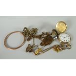 A parcel of mixed jewellery including 9ct rose gold bangle, pocket watch ETC Condition Report: