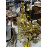 A metalware parcel including copper kettle, parcel of trench art, pair of brass candlestick holders,
