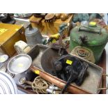 A parcel of metalware including bell, Regent Super Green paraffin oil can, scales ETC Condition