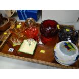 A vintage tray with a parcel of art glass & a tray of various pottery ornaments including Beatrix