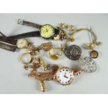 A parcel of mixed jewellery with some gold content including 9ct vintage watch, 18ct signet ring,