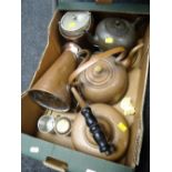 Box of various metalware including copper kettles, copper jug ETC Condition Report: please