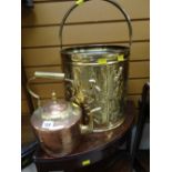 A brass & copper kettle, a brass-effect coal-box, woolwork fire screen & a mid-century Vernon Ward