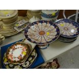 An Imari pottery tazza with matching plates, a Royal Crown Derby plate, sundry sandwich plates &