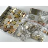 Small box & tin of assorted foreign loose coinage - to include Guernsey, Canada, Deutschland ETC