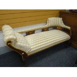 An antique inlaid mahogany chaise longue with striped & floral upholstery (for restoration)