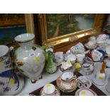 A large lustre vase, a bird decorated jug & a quantity of mixed teaware & other china including a